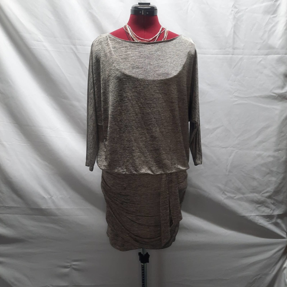 WHBM drop tie waist 3/4 sleeve Silver Gray Marled Ruched Draped Dress XS